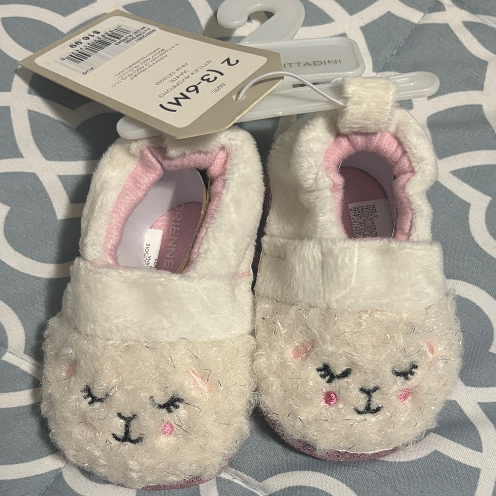 Adrienne Vittadini White and Pink Fuzzy Slippers